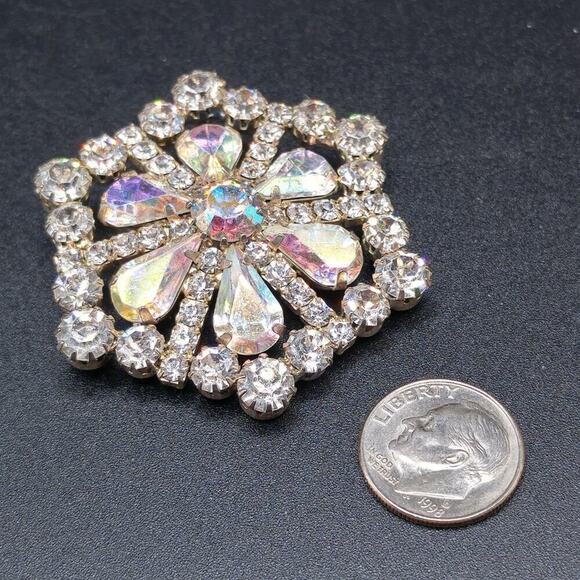 Vintage Aurora Borealis Rhinestone Brooch, Wedding Pin, Mid-Century, 1 7/8 Inch - Picture 6 of 10
